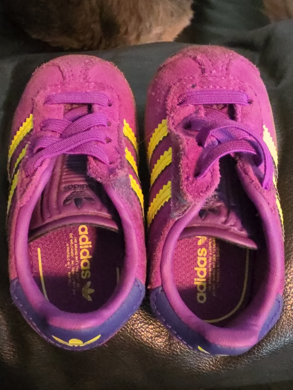 Adidas Kids Purple Sneakers with Yellow Stripes